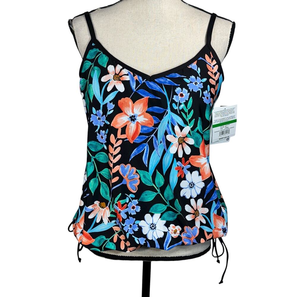 24th & Ocean Large Seaside Blouson Tankini Swim Top V-Neck Floral Padded Cups